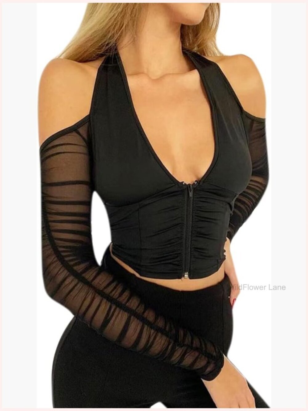 Sexy Mesh Halter Crop Top Long Sleeve Zipper Front Sheer See Through Clubwear